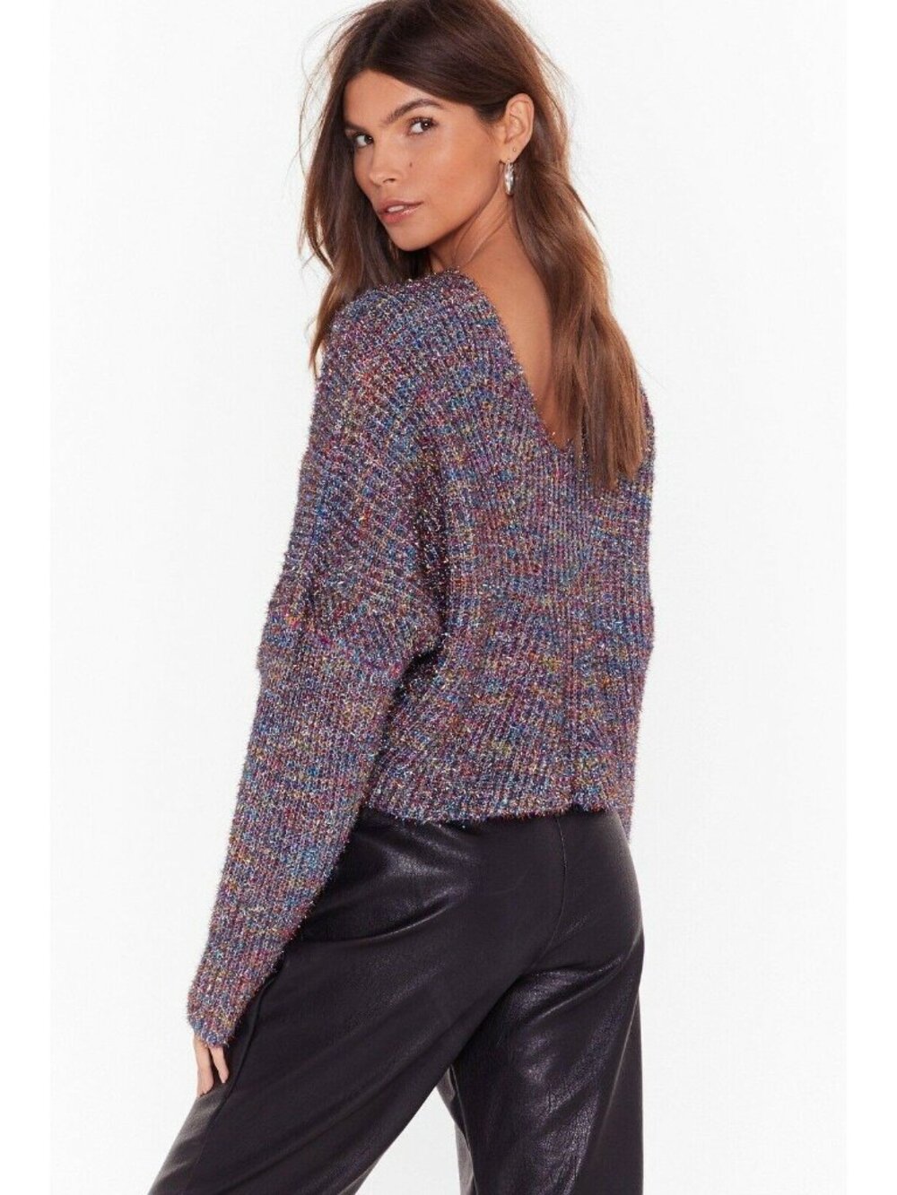 NASTY GAL Tinsel Time V-Neck Cropped Sweater Rainbow Metallic NEW Holiday Top M - Picture 2 of 10